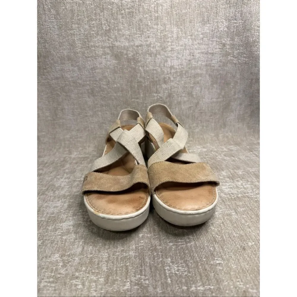 Born Women's Suede Leather Strappy Platform Wedge Slingback Sandals Tan Size 9M